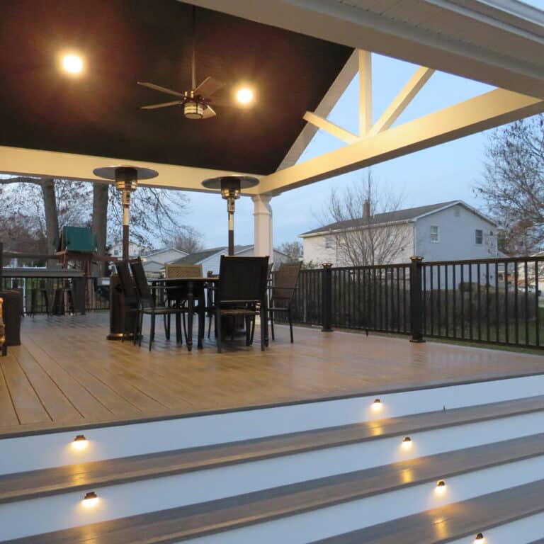 8x10 deck with lights built into steps tabkle and lights built into roof over it