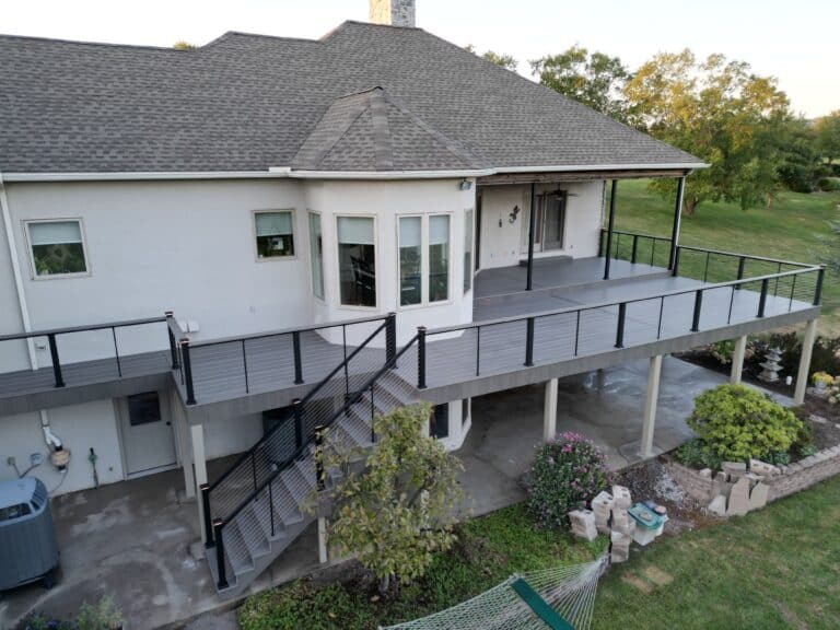 an aerial after photo of the new deck rebuild project done by Upper Dauphin Vinyl Products in Halifax, PA