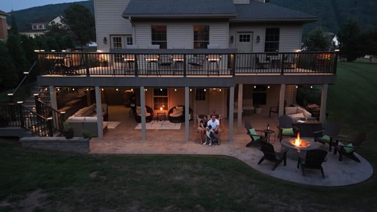 a drone photo of the completed Millersburg PA custom deck installation by Upper Dauphin Vinyl Products