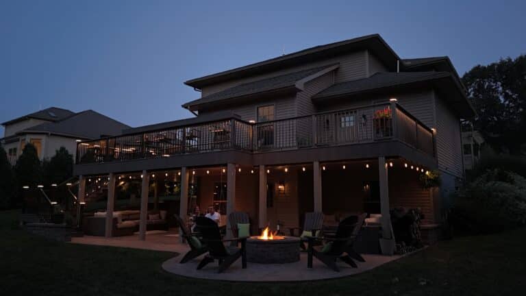 ground level photo of the lighting fixtures on the Millersburg PA custom deck installation by UDVP