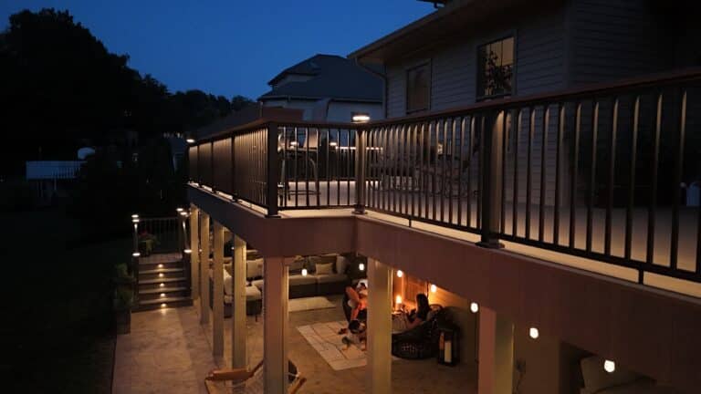 closeup drone photo of the rail lighting on the Millersburg PA custom deck installation by Upper Dauphin Vinyl Products
