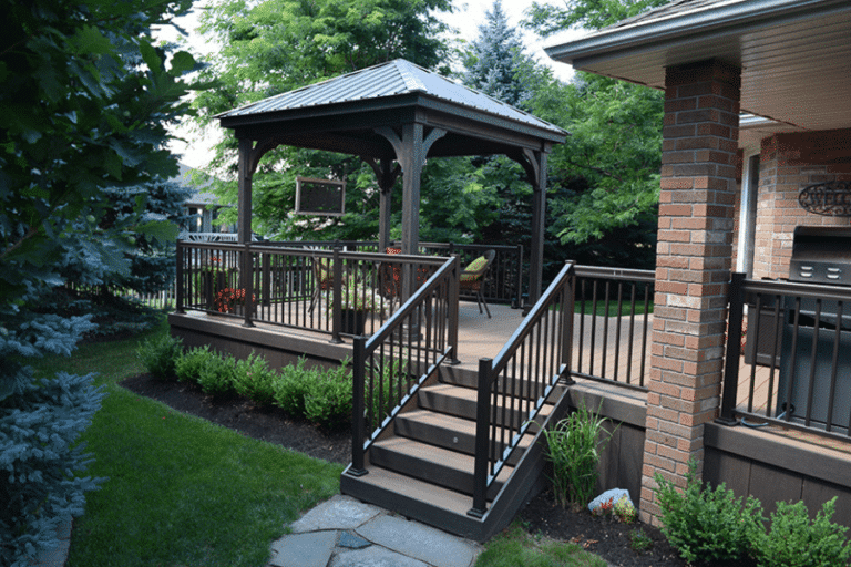 a deck with a black railing and a pavilion on it in york pa