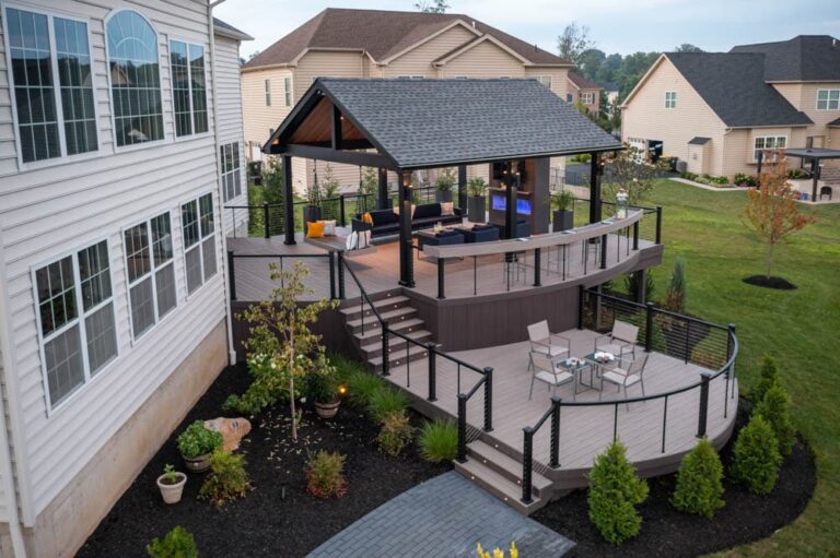 a deck with two levels attached to the side of a house in york pa