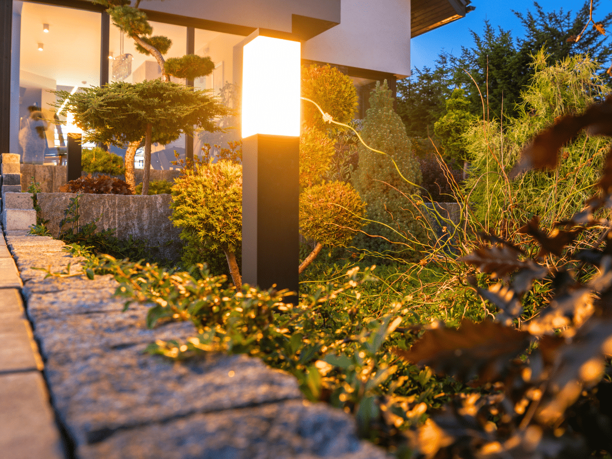 Pathway lights leading to a backyard deck