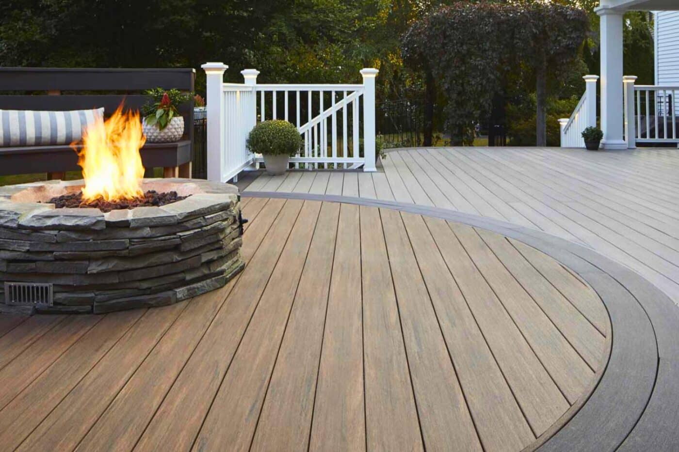 View of fire pit and seating area on Upper Dauphin Vinyl Products deck