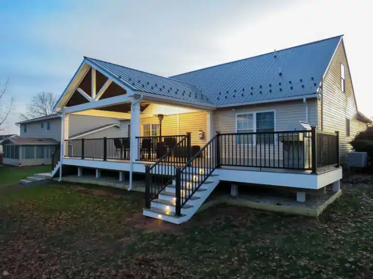deck with pavilion at night.