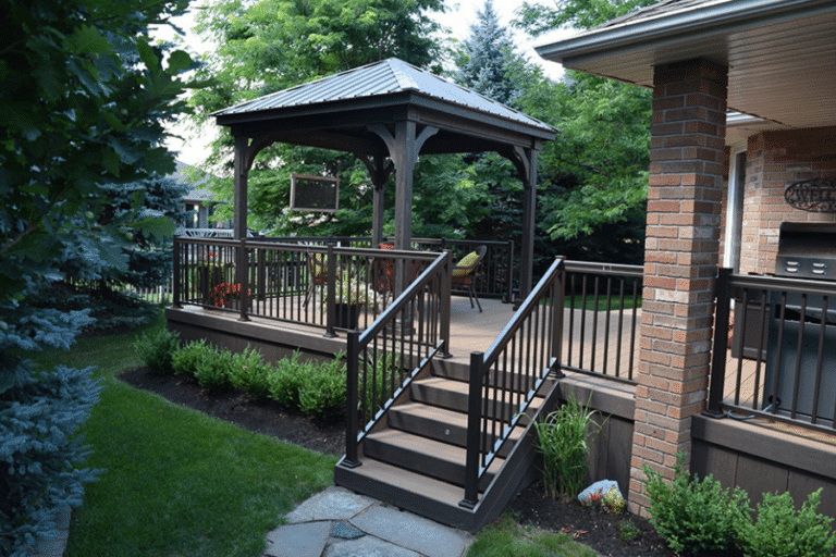 vinyl deck with black pergola attached to brick home